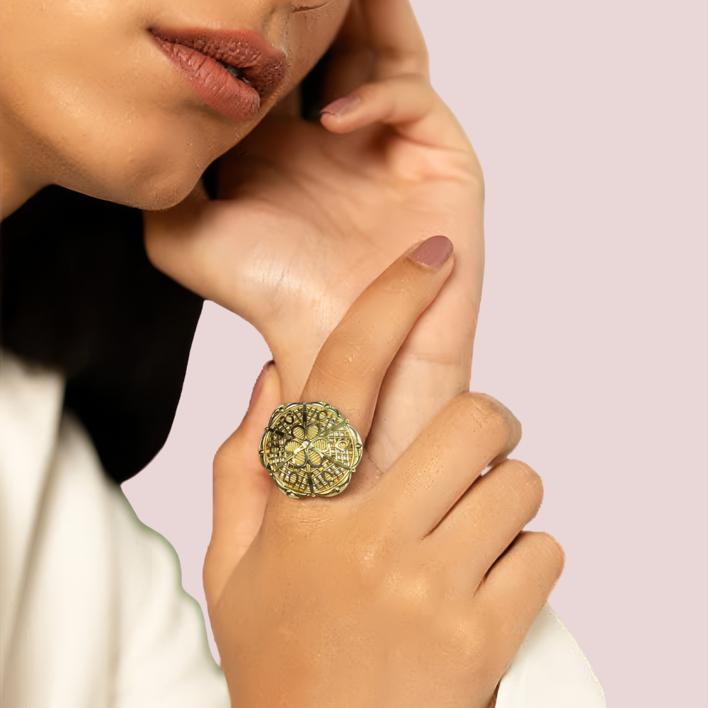 1RGePo0YmdbyxrjQalULw7PbYummv3zaAF5d4w3r.png Antique Gold-Plated Mandala Statement Ring - Image 1