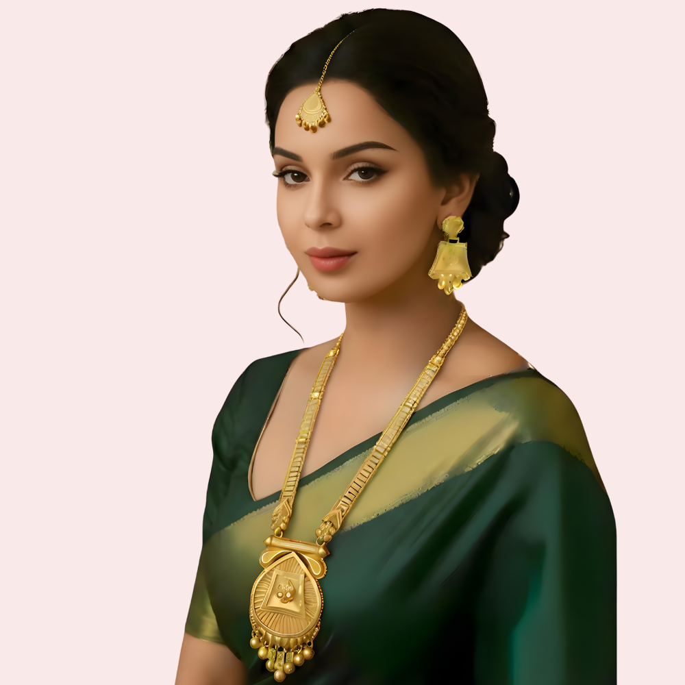 5Z8RQP6YEjGJF4x7HRXKRU8pFMyvikpiEsrXGffV.png Royal Temple Gold Necklace Set with Jhumka Earrings & Maang Tikka - Image 1