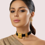 Traditional Gold-Plated Black Beaded Necklace with Square Pendant Design