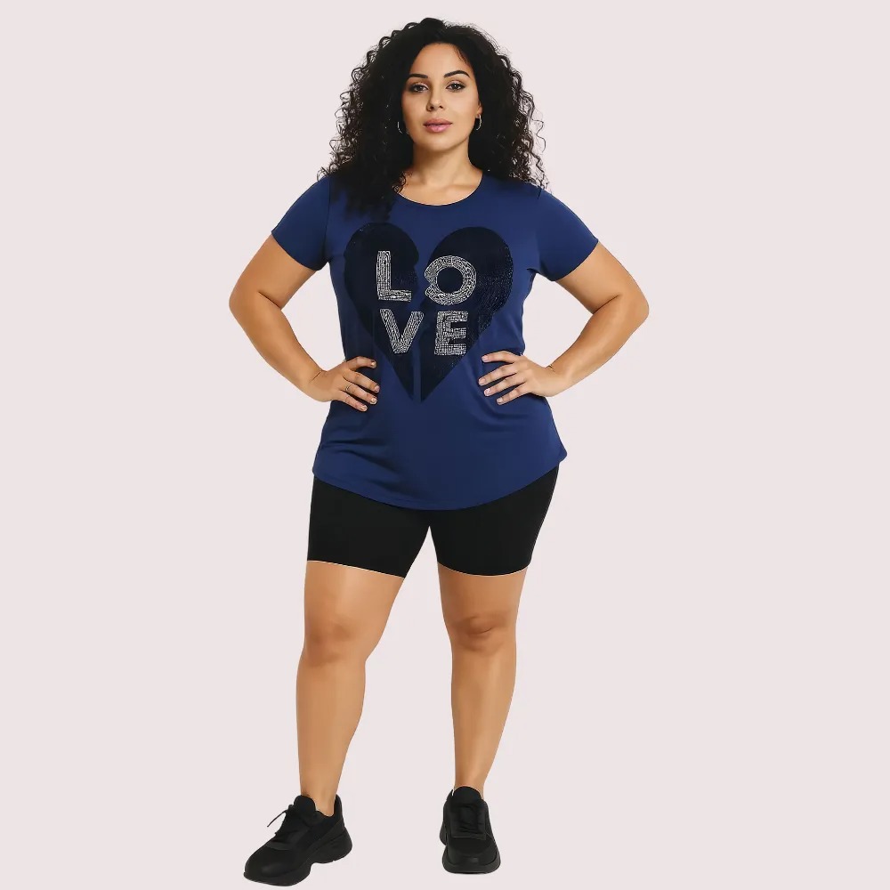 Xb2lhOjjVKgJ9d4WR8PlNgdg7T68eAe00l1XlfUm.jpg Navy Blue "LOVE" Graphic Casual Tee - Image 1