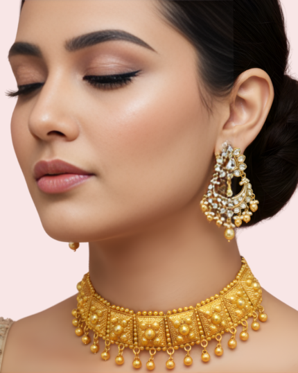 Royal Kundan-Style Gold-Plated Pearl Drop Choker Necklace