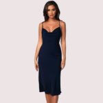 Navy Satin Cowl Neck Midi Dress